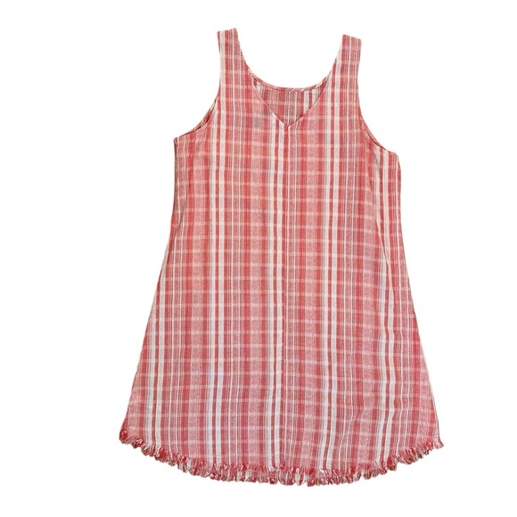 Women's Small Cotton Plaid Casual Raw Hem Sleeveless Mini Striped Vacation Dress - Picture 4 of 4